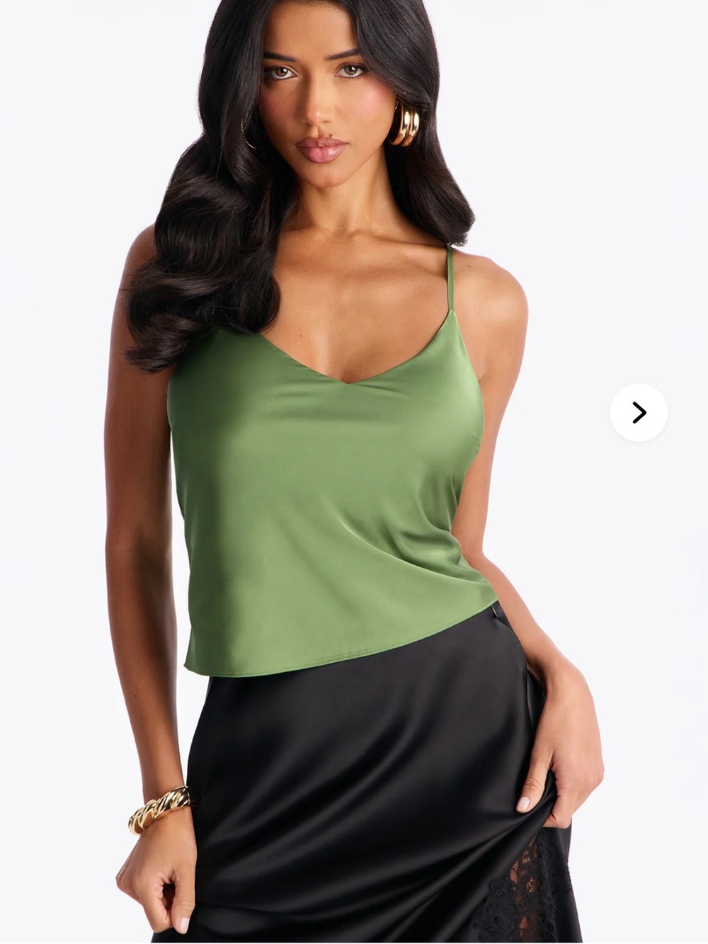 Fashion Nova Olive Green Satin V-Neck Cami with Adjustable Straps